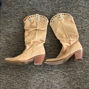 Leather upper cowboy boots tan turquois